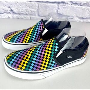 Vans Womens Unisex Asher Size 8 Rainbow Mini Check Canvas Slip On Skate Shoes‎